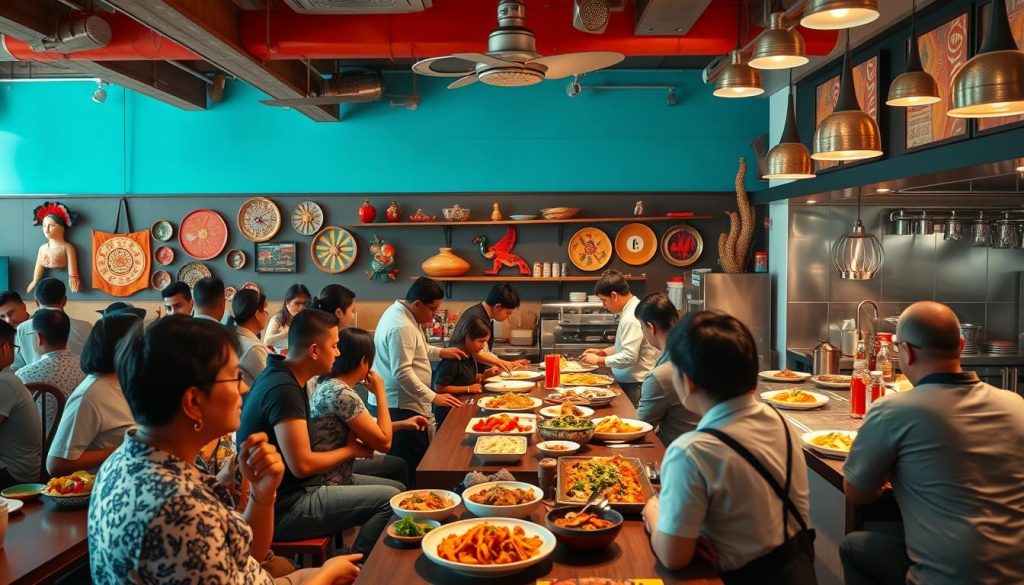 Busy ethnic restaurant with diverse customers enjoying authentic cuisine