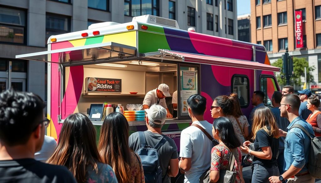 Busy food truck serving customers in urban setting