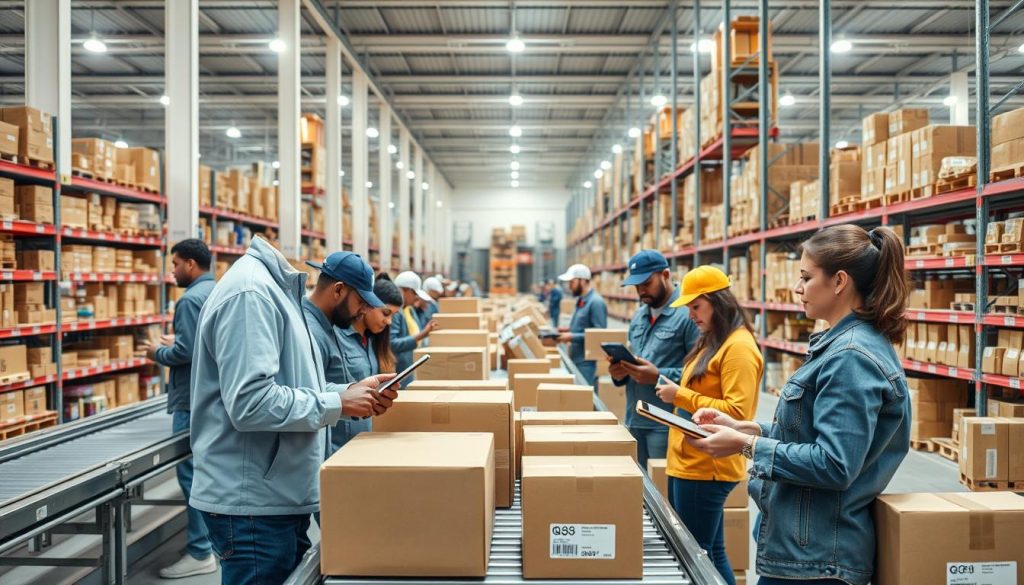 E-commerce distribution center with workers fulfilling orders