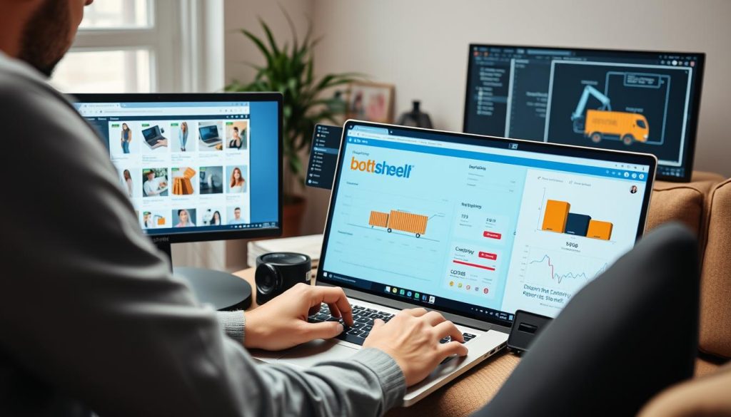 Entrepreneur managing online dropshipping business from laptop