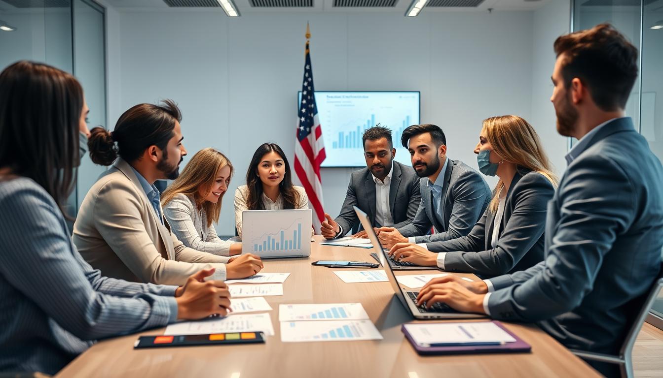 Foreign entrepreneurs discussing business ideas in America
