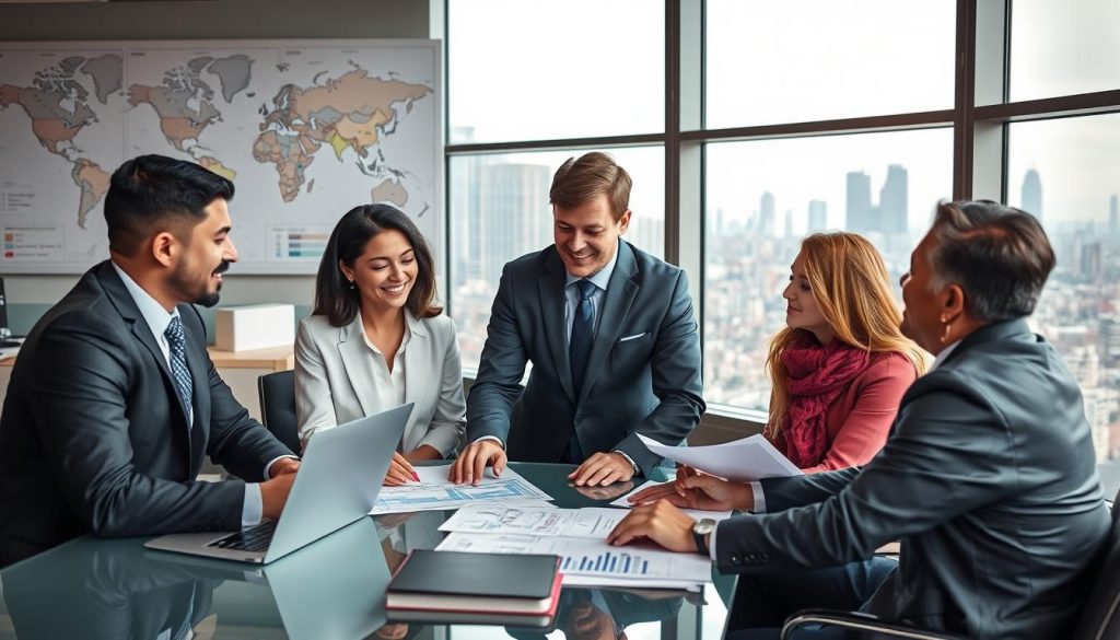 International trade consultant meeting with clients