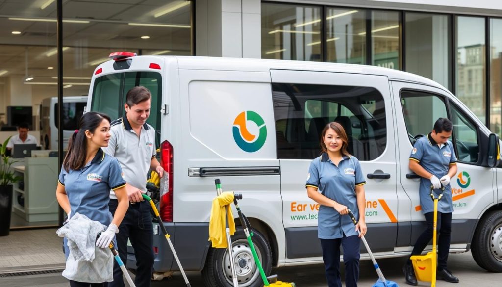 Professional cleaning team with equipment at a commercial property