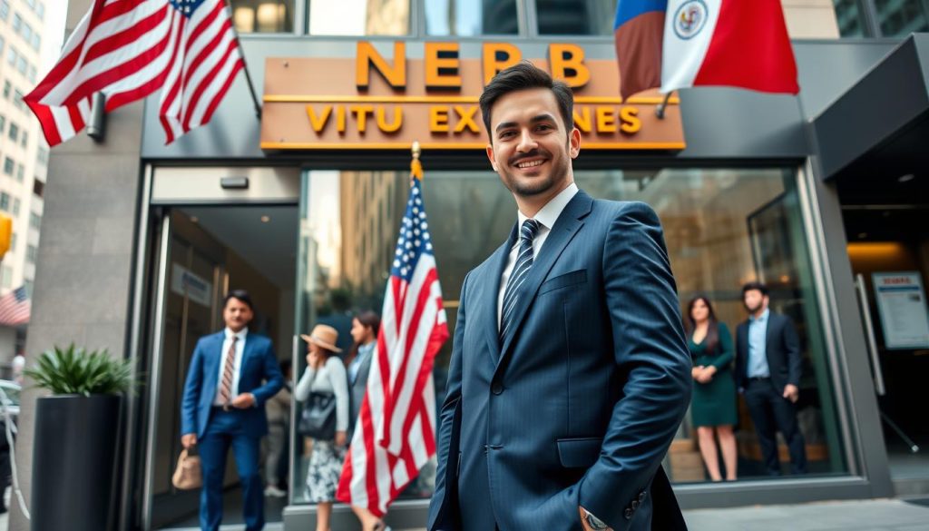 Successful foreign entrepreneur in front of their American business